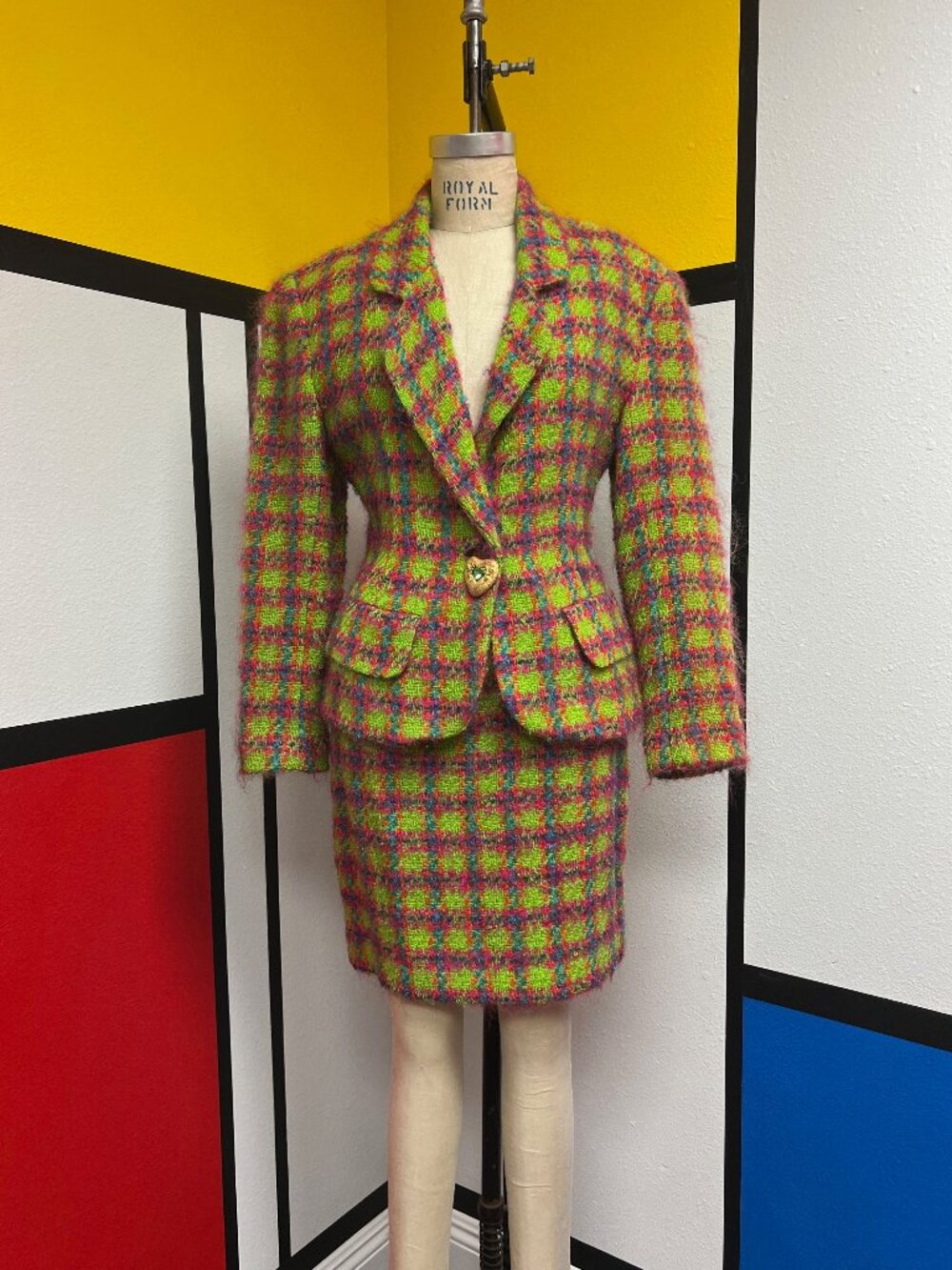 Vintage 90s Behar New York Neon Plaid Boucle Wool Mohair Skirt Suit Size 4